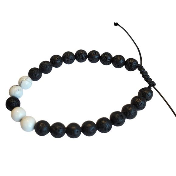Lava Rock Howlite Bead Bracelet 7-9" Adjustable Unisex Black White, Gift Bag - Picture 4 of 12